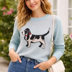 ModCloth SZ M Cotton Modal Basset Hound Sweater Blue Novelty Knit Dog Graphic